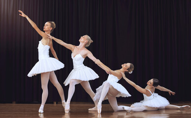 Ballet, dancing and group stage performance at an art theatre with creative movement. Dancers,...