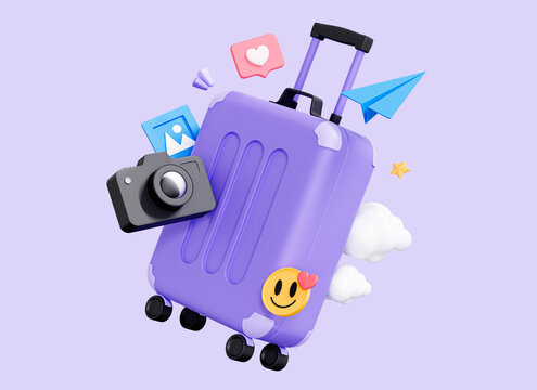 3D Time to travel concept. Suitcase with luggage and photo camera. Summer vacation for social media. Booking business flight. Cartoon creative design icon isolated on purple background. 3D Rendering