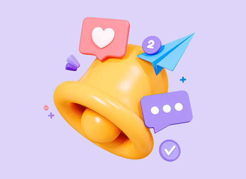 3D Bell notification in social media. Like button and speech bubble message. Subscribe on social network and to channel. Cartoon creative design icon isolated on purple background. 3D Rendering