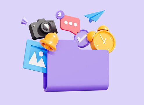 3D Folder and file management. Cloud data storage. Business management app. Digital application with image and alarm clock. Cartoon creative design icon isolated on purple background. 3D Rendering