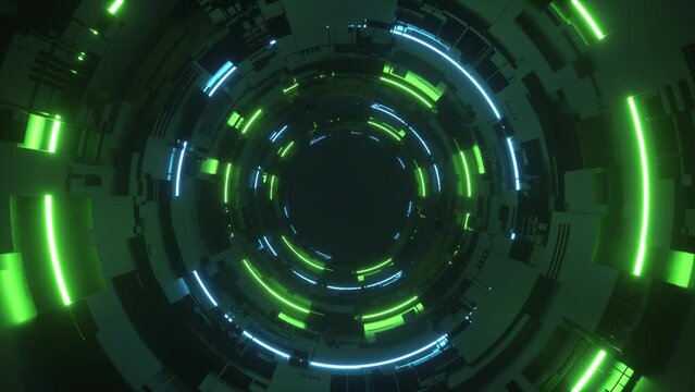 An endless tunnel of futuristic technology and glowing neon lights on a seamless loop