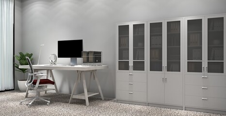 3d rendering of computer working area with document cabinet. Metaverse is a new upcoming trend for working out of the office.