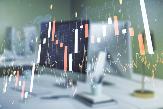 Abstract creative financial graph with world map on modern computer background, financial and trading concept. Multiexposure