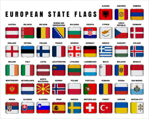 Flags of European Sovereign States. Flags Set 3D Square