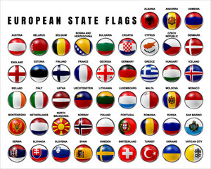 Flags of European Sovereign States. Flags Set 3D Rounded