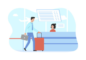 Modern International Airport Terminal Concept. Male Character With Luggage is Looking Airport Reception To Ask An Information About Flight Departure. Cartoon Flat Outline Linear Vector Illustration