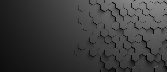 Widescreen horizontal background or wallpaper with dark hexagons with copy space for text