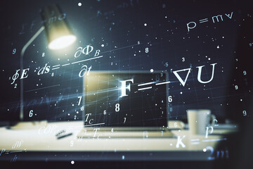 Creative scientific formula hologram on modern laptop background, research concept. Multiexposure
