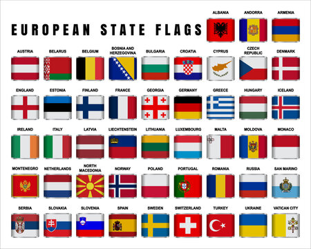 Flags of European Sovereign States. Flags Set 3D Square