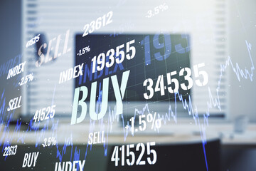 Double exposure of abstract creative financial chart on modern laptop background, research and strategy concept