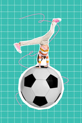 Creative drawing collage picture of active small kid handstand have fun football lesson school day physical training culture playing soccer - obrazy, fototapety, plakaty