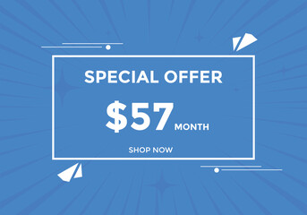 $57 USD Dollar Month sale promotion Banner. Special offer, 57 dollar month price tag, shop now button. Business or shopping promotion marketing concept
