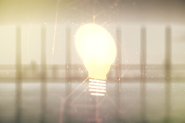 Virtual Idea concept with light bulb illustration on empty corporate office background. Multiexposure