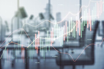 Abstract virtual financial graph hologram on a modern furnished office background, forex and investment concept. Multiexposure
