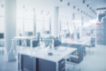 Multi exposure of virtual creative financial chart hologram on modern corporate office background, research and analytics concept