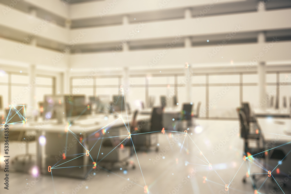 Poster Abstract virtual wireless technology hologram on a modern furnished office background. Big data and database concept. Multiexposure