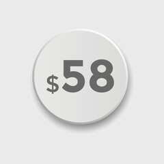 58 dollar price tag. Price $58 USD dollar only Sticker sale promotion Design. shop now button for Business or shopping promotion
