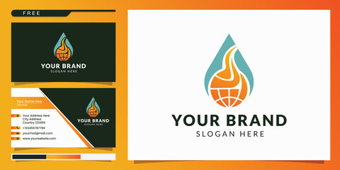 water and fire world logo. logo design and business card