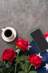 United States election design concept with American Flag, rose and smart phone