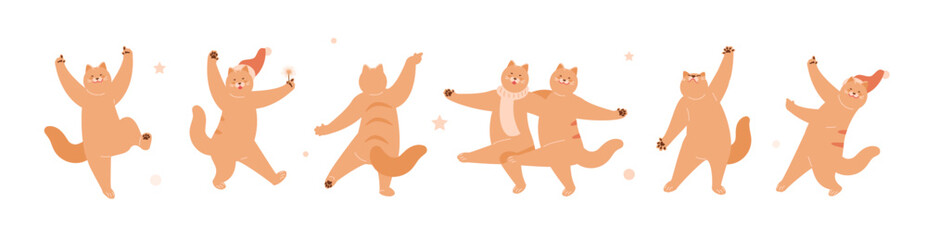 Dancing funny cats. The symbol of the Chinese new year 2023. Vector illustration