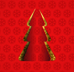 golden christmas tree cut out of red ornamental paper / vector illustration