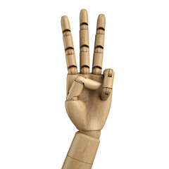 Wooden dummy hand showing three fingers gesture