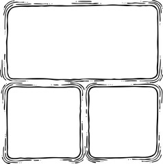 Comic page composition vector for backdrop layout. Black line graphic hand drawn illustration. Information box space for text, pictures, design. Decorative element border frame vintage hand drawing.