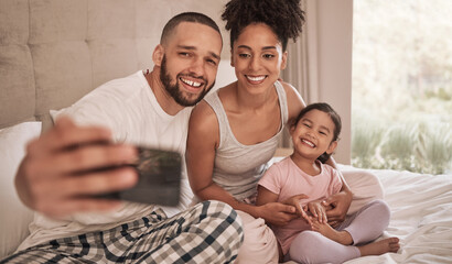 Phone selfie of a relax happy family in bed, bond and enjoy quality time together in home bedroom....