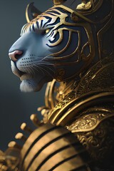 golden lion head on black background "3D illustration" or "3D rendering" (selective focus) (colorful)