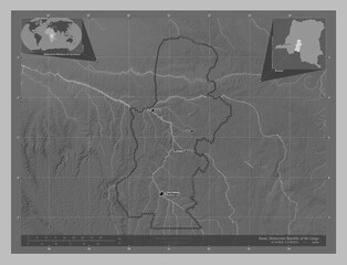 Kasai, Democratic Republic of the Congo. Grayscale. Labelled points of cities
