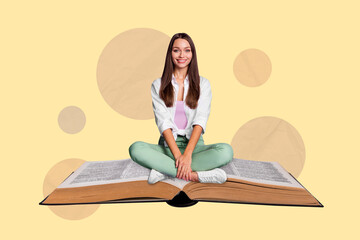 Magazine poster collage of lady sitting big book exam high school materials learning isolated on pastel color background - obrazy, fototapety, plakaty