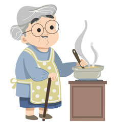 Cute Grandmother cooking breakfast - obrazy, fototapety, plakaty