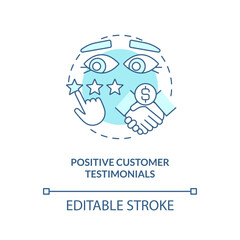 Positive customer testimonials turquoise concept icon. Practice of leads conversion abstract idea thin line illustration. Isolated outline drawing. Editable stroke. Arial, Myriad Pro-Bold fonts used