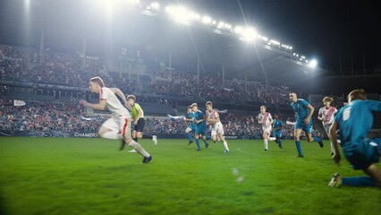 Professional Soccer Football Match Championship: White Team Attacks, Caucasian Forward Dribbles on an International Tournament. Stadium Crowd of Fans Cheers. Cinematic Playback in Slow Motion