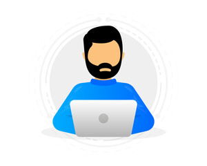 The man is using a computer. The concept of using the device. Vector illustration.