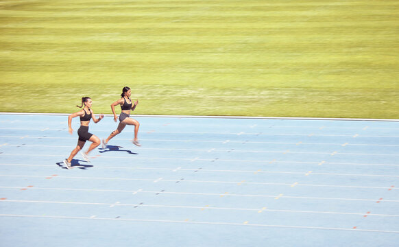Mockup space, runner and woman exercise, training and running on track for race. Health, female athletes and runners workout, sprinting and competing on race course, field and arena in sportswear.