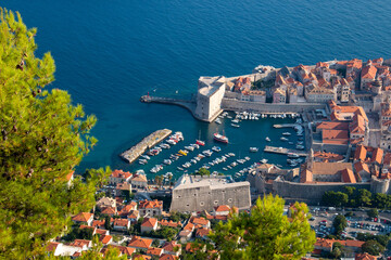 View from cable car Dubrovnik, Croatia. Looking down onto the historic old town walls and harbor