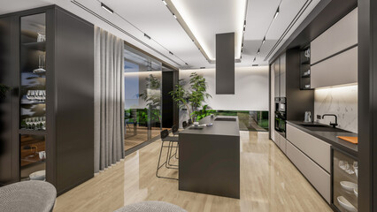 3d rendering of modern cozy interior with living,dining zone stair and kitchen for sale or rent with wood plank by the sea or ocean. Spacious apartments with expensive furniture,equipment and flowers