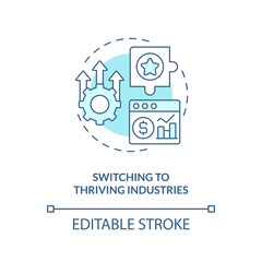 Switching to thriving industries turquoise concept icon. Sales prospecting technique abstract idea thin line illustration. Isolated outline drawing. Editable stroke. Arial, Myriad Pro-Bold fonts used