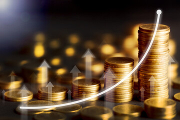 Stack of Gold Coin  with Arrow visual graphic. Business Concept : Market uptrend. COPY SPACE.