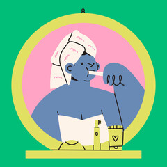 Young lady brushing her teeth with a toothbrush and looking at mirror reflection in bathroom. Dental care, daily hygiene routine. Hand drawn Vector illustration. Cartoon style. Self care concept