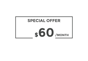 $60 USD Dollar Month sale promotion Banner. Special offer, 60 dollar month price tag, shop now button. Business or shopping promotion marketing concept
