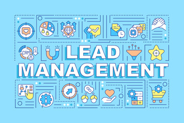 Lead management word concepts blue banner. Business strategy. Infographics with editable icons on color background. Isolated typography. Vector illustration with text. Arial-Black font used