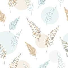 Decorative leaves drawn in doodle style in pastel colors. Floral seamless pattern. Flat vector illustration.
