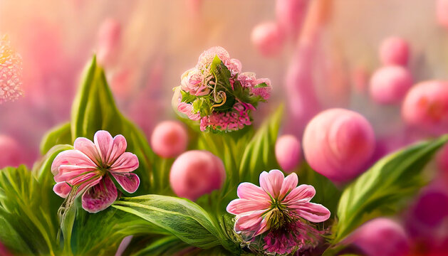 Painted pink flowers, beautiful landscape