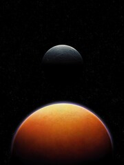 Red planet with satellite. Space landscape. Cosmic wallpaper. View from space, Planetary system.