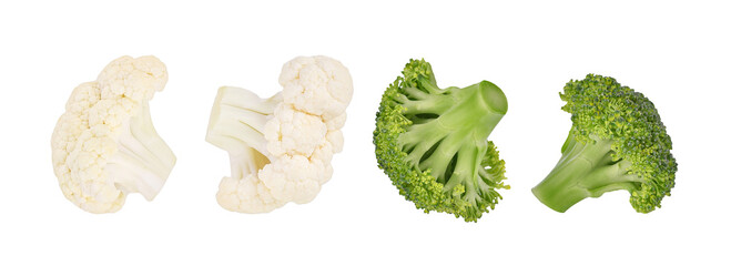 Piece of cauliflower and broccoli isolated on white background.