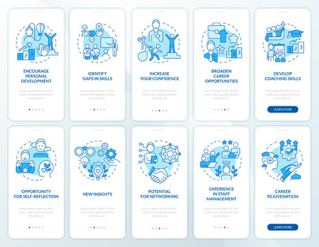 Mentoring in workplace benefits blue onboarding mobile app screen set. Walkthrough 5 steps editable graphic instructions with linear concepts. UI, UX, GUI template. Myriad Pro-Bold, Regular fonts used