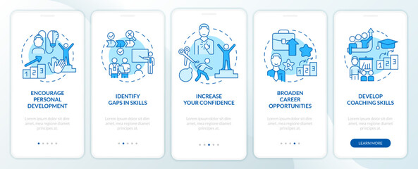 Mentoring relationship goals blue onboarding mobile app screen. Walkthrough 5 steps editable graphic instructions with linear concepts. UI, UX, GUI template. Myriad Pro-Bold, Regular fonts used