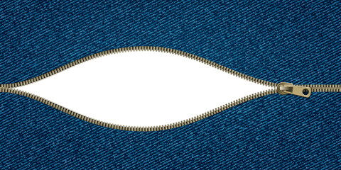 Open zipper with hole in denim. © Key design